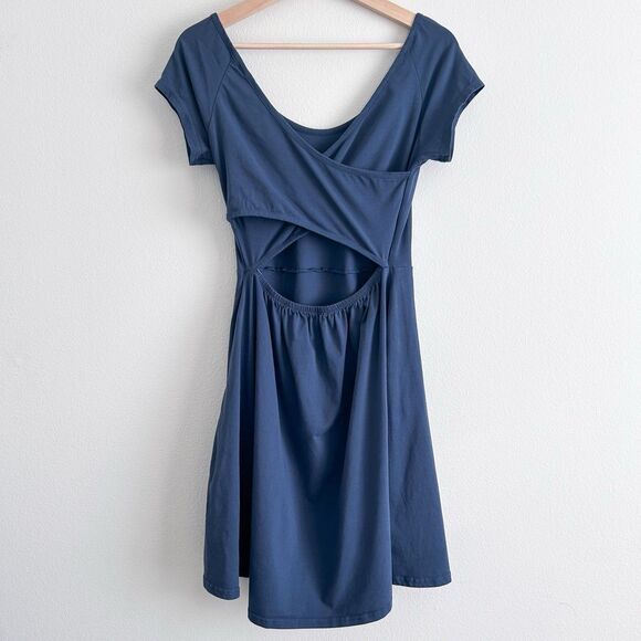 PACT Organic Cotton Stretch Blue Helena Crossback Mini Dress Pockets Medium FLAW - Picture 3 of 11